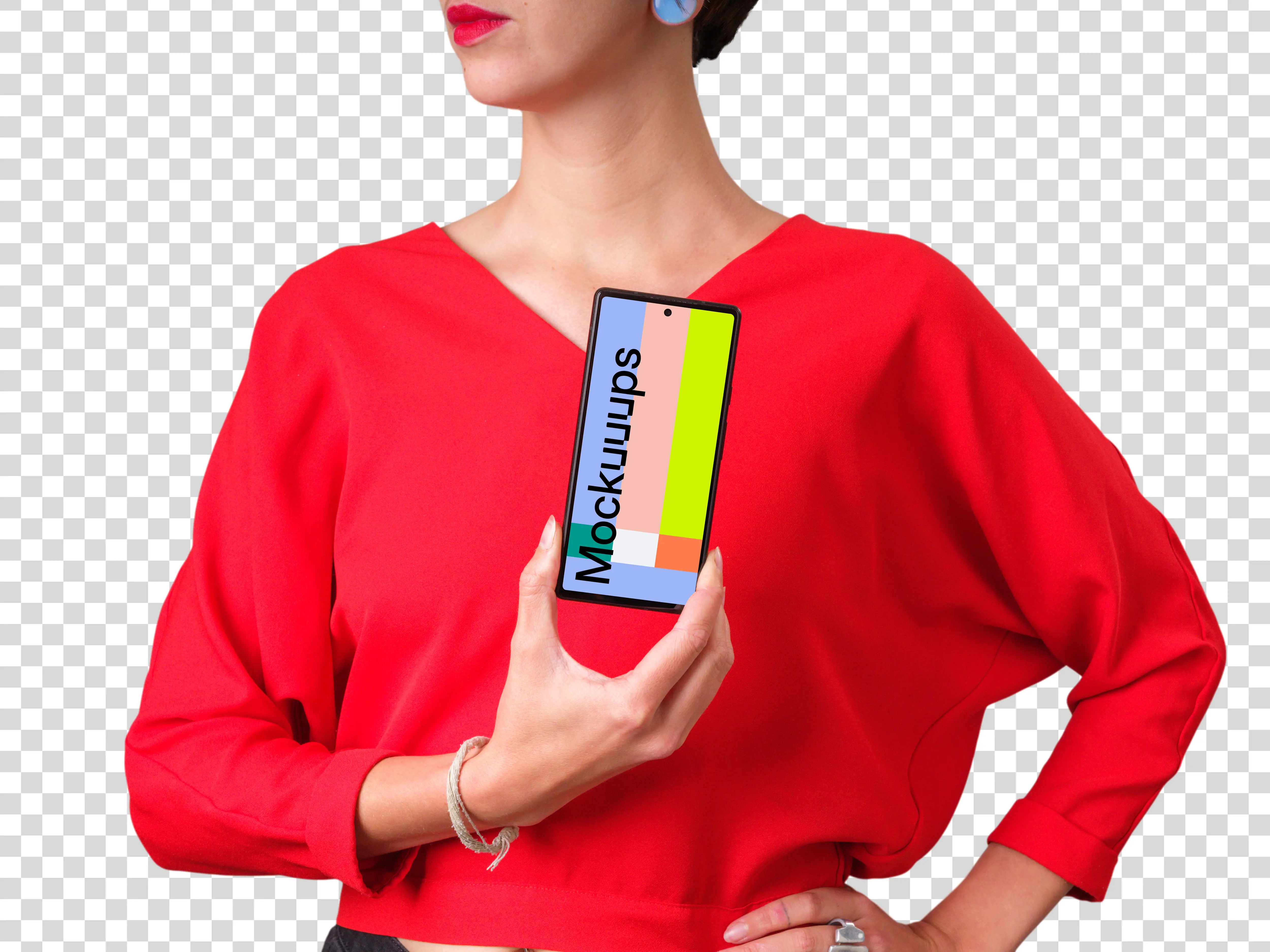 Woman in red shirt holding Google Pixel mockup in one hand