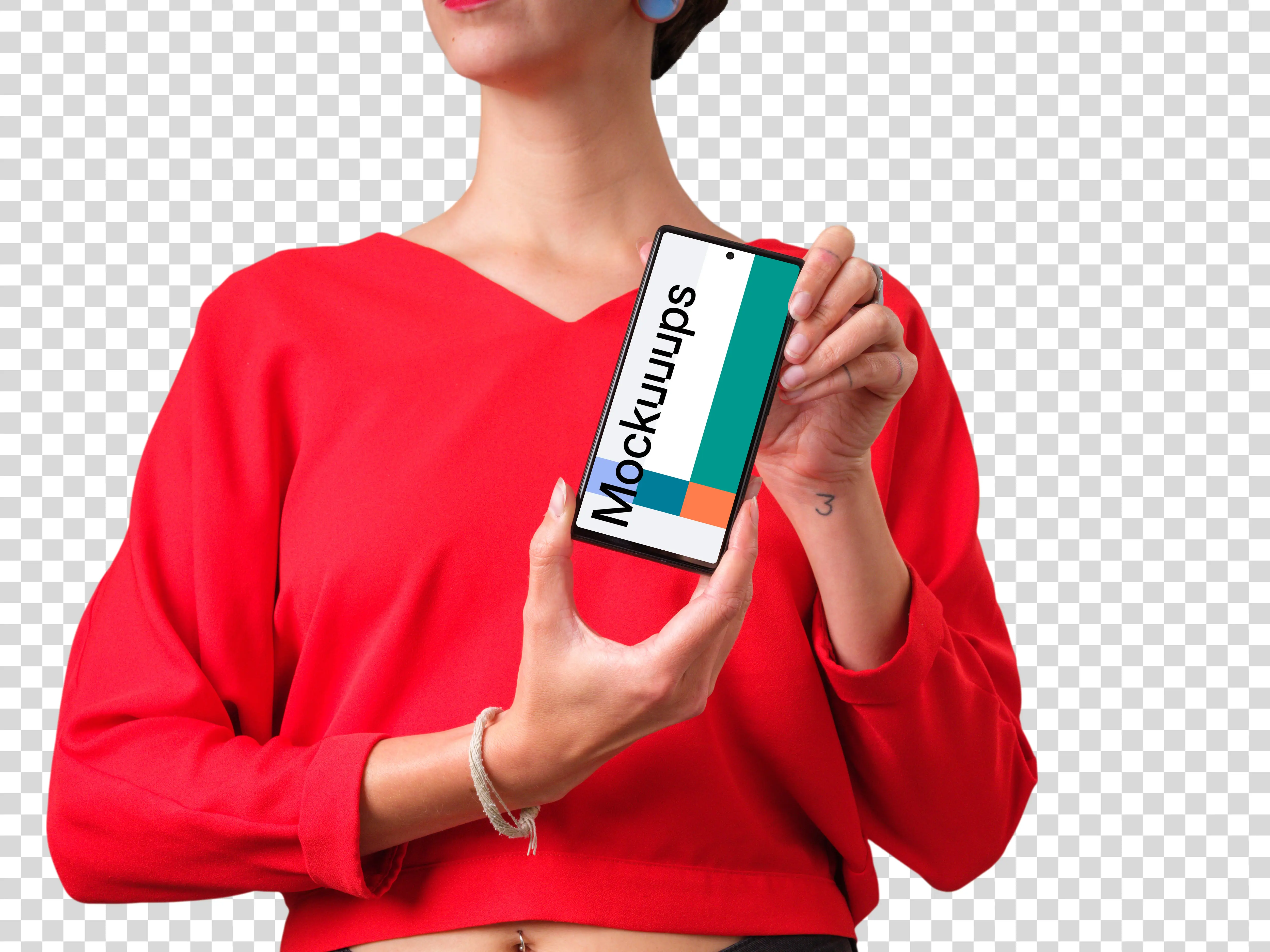 Woman in red shirt holding Google Pixel mockup with both hands