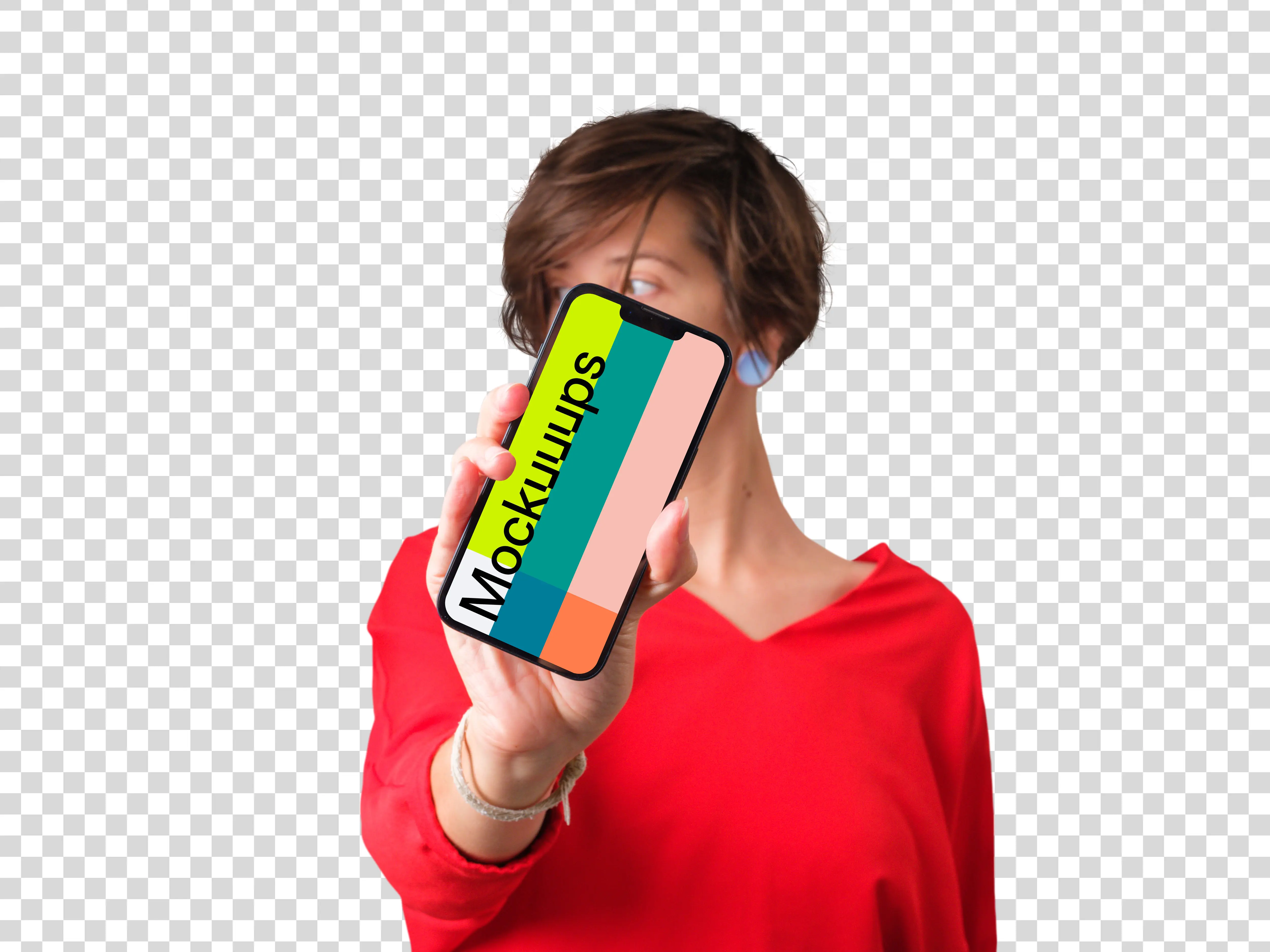 Woman in red shirt holding iPhone mockup in front of her face