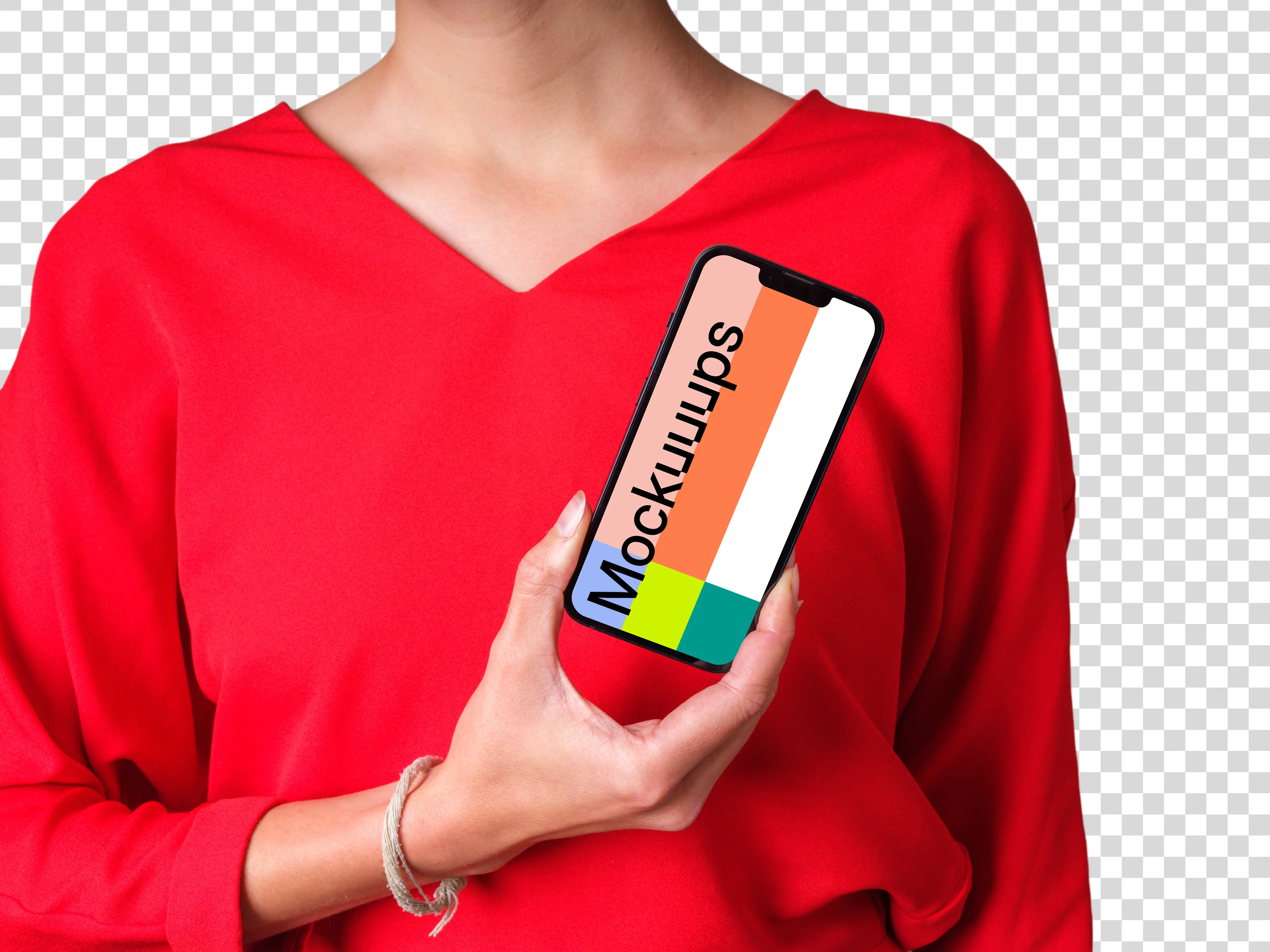 Woman in red shirt holding iPhone mockup in one hand
