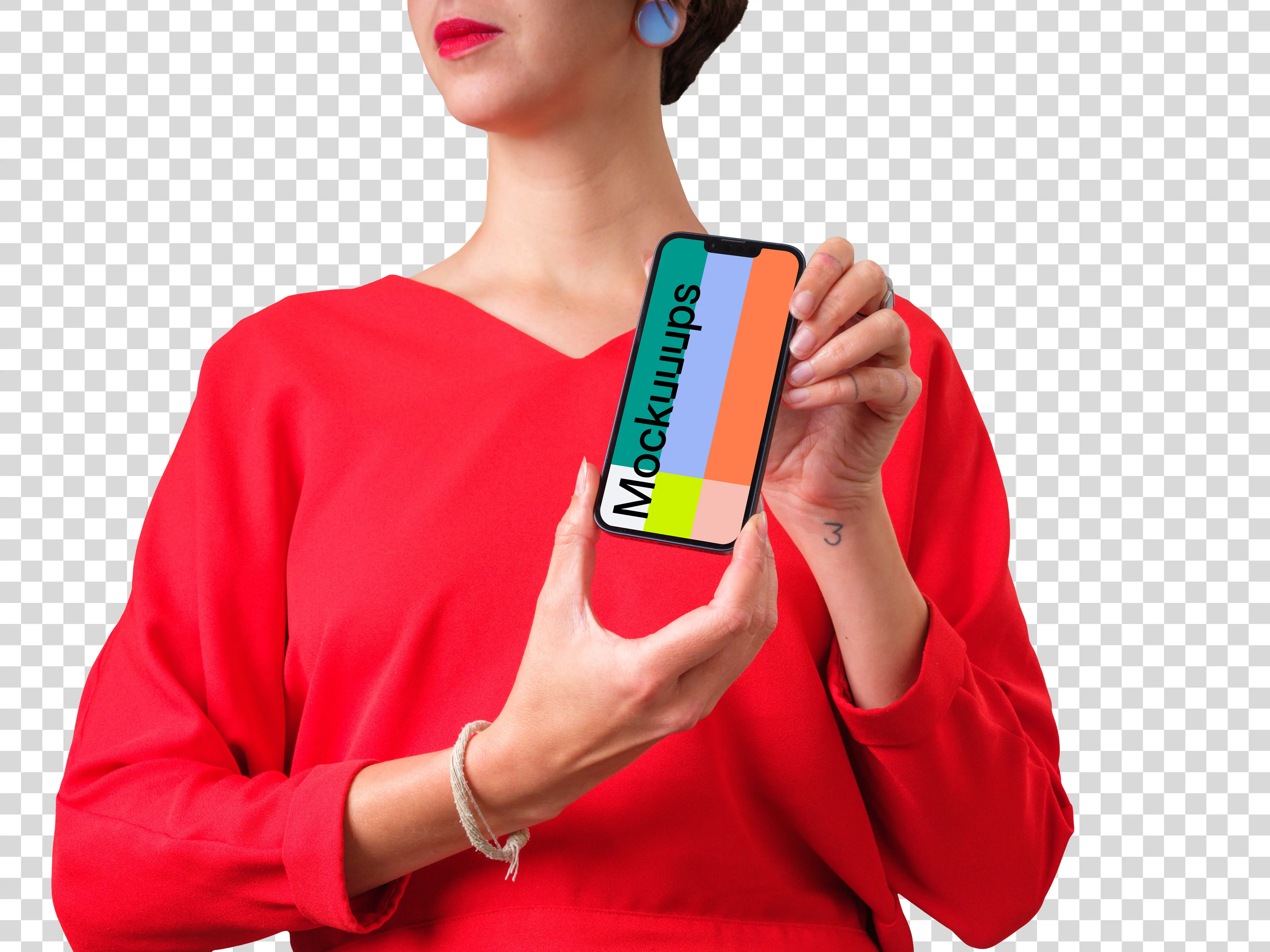 Woman in red shirt holding iPhone mockup with both hands