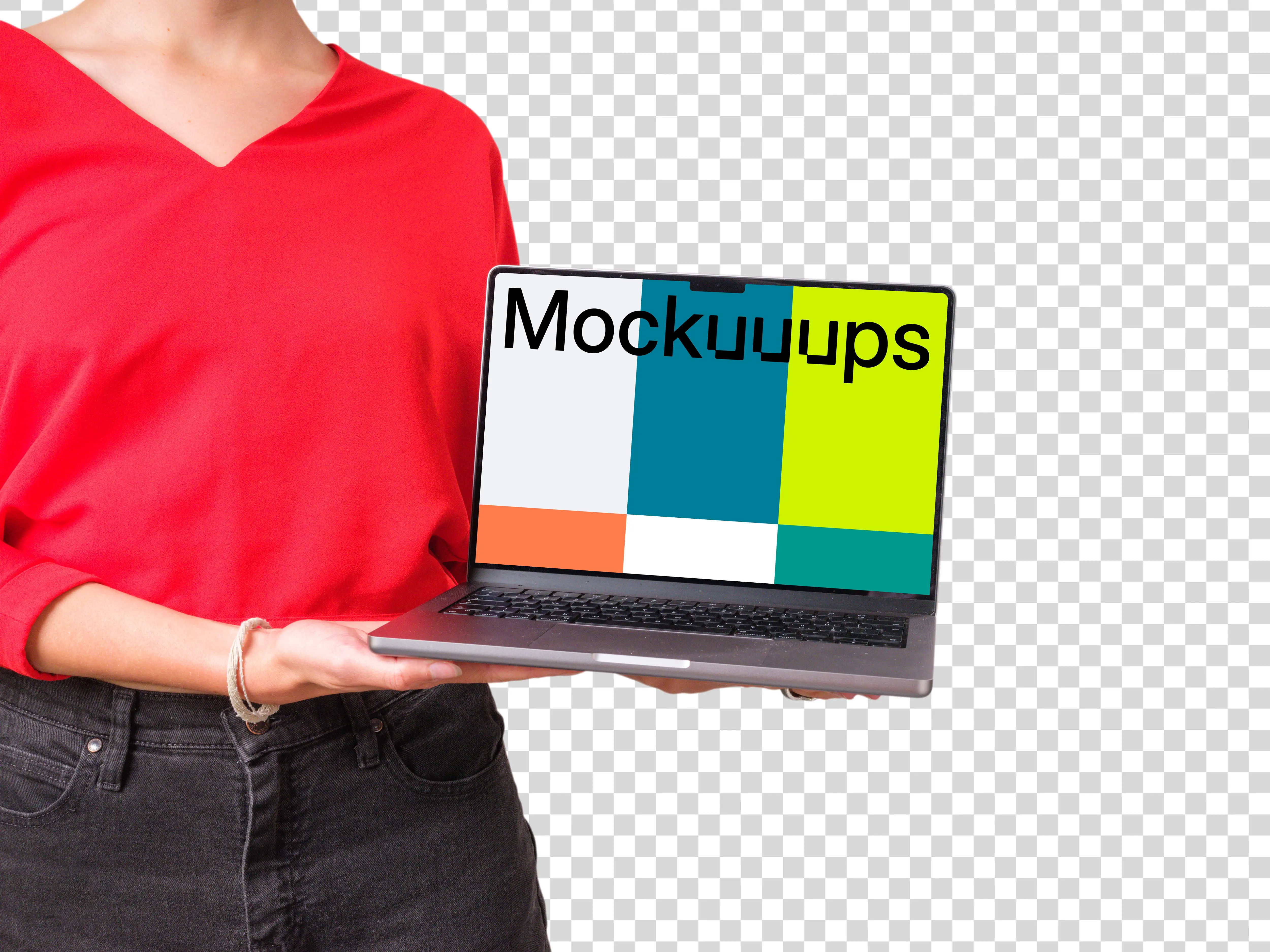 Woman in red shirt holding MacBook mockup from the side
