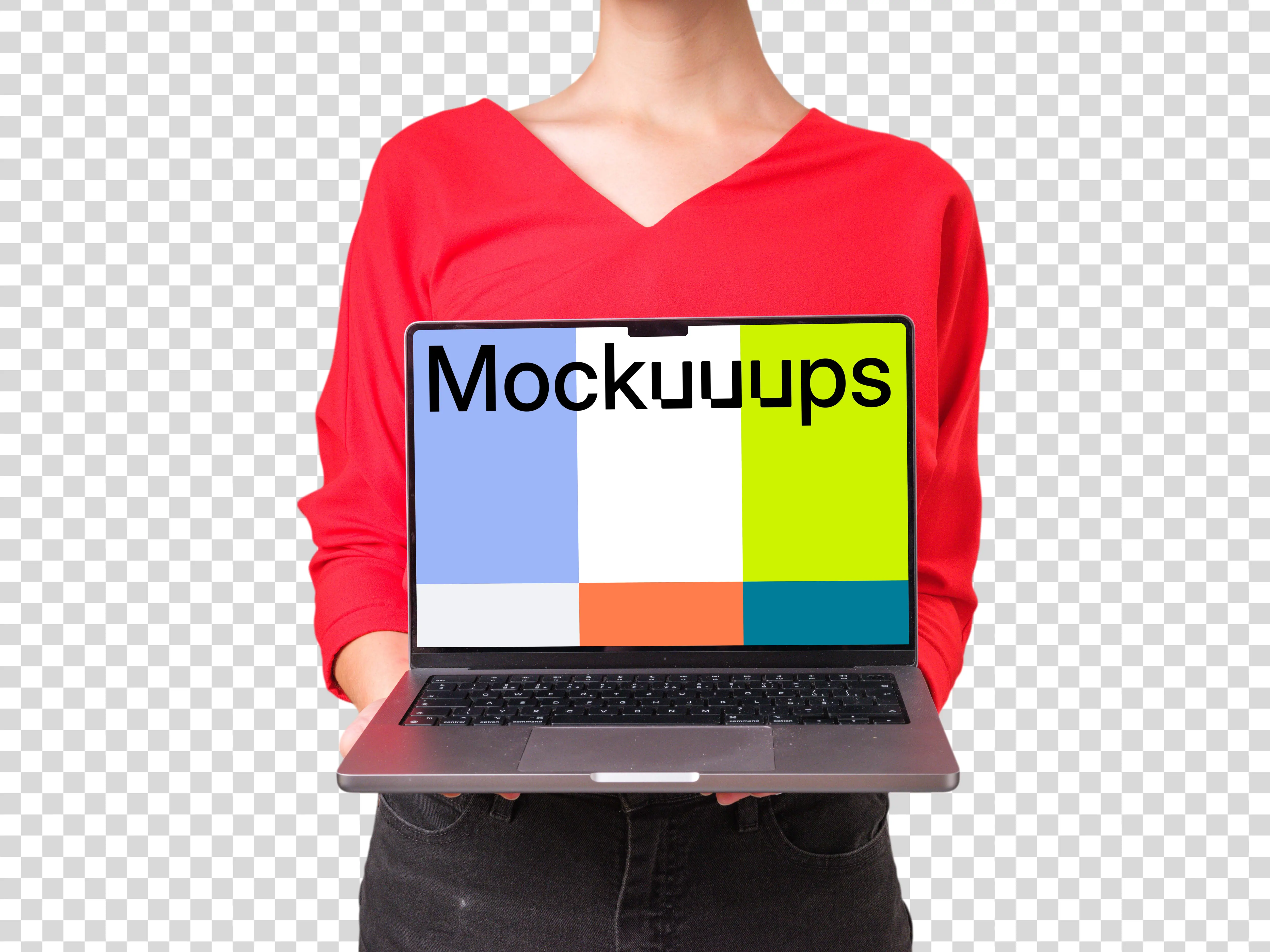 Woman in red shirt holding MacBook mockup