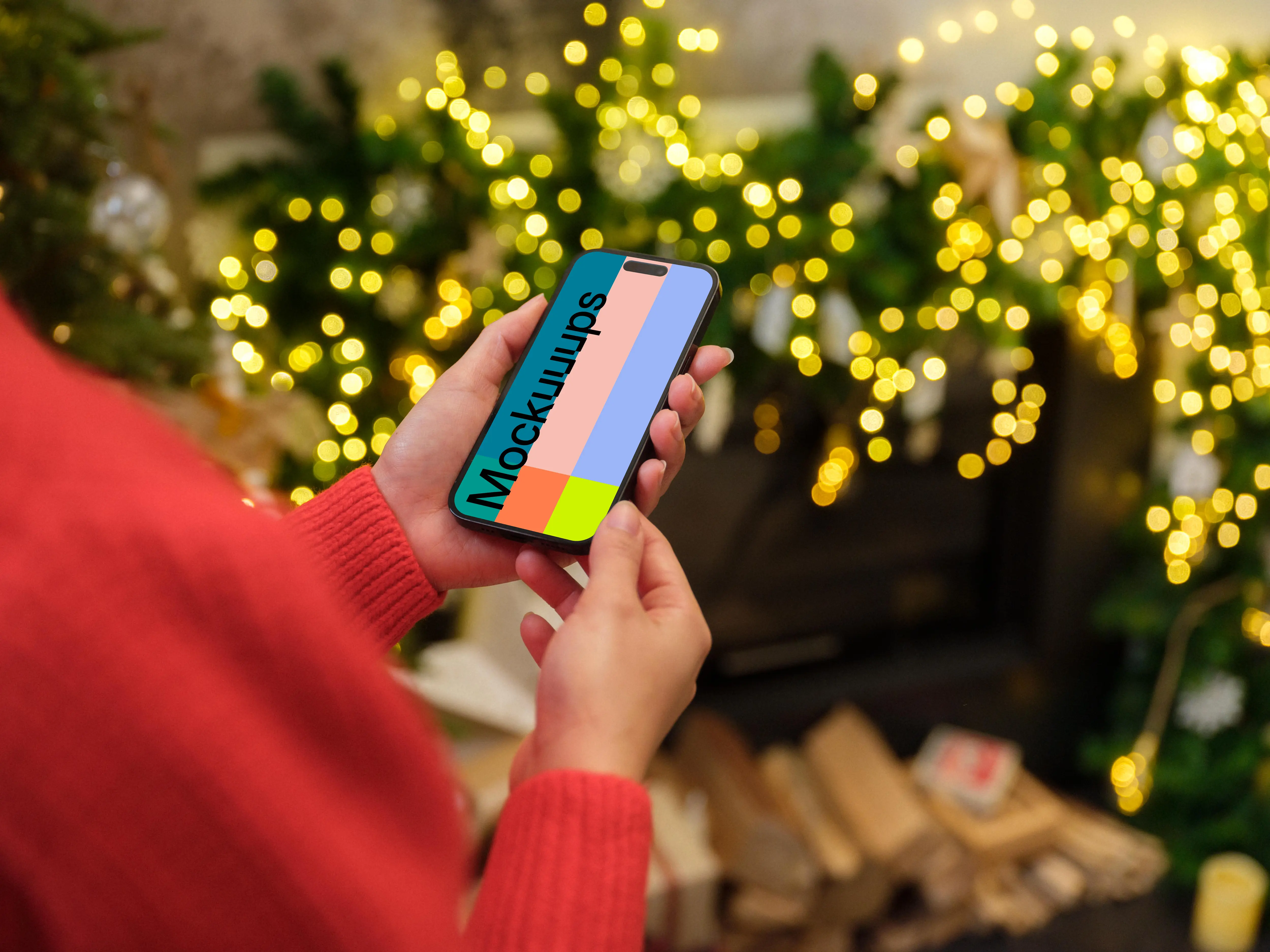 Woman in red sweater holding a smartphone mockup