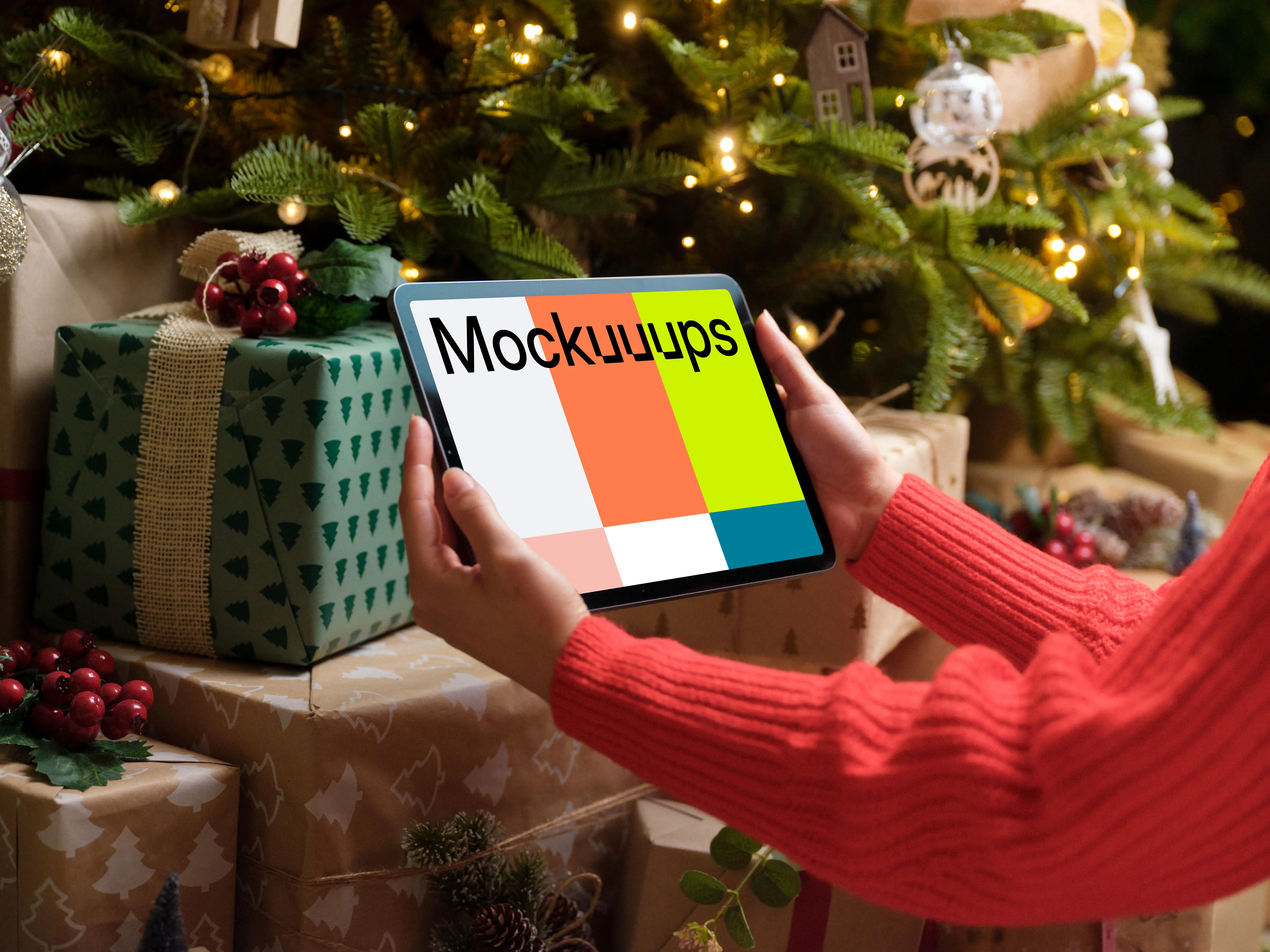Woman in red sweater holding an iPad mockup