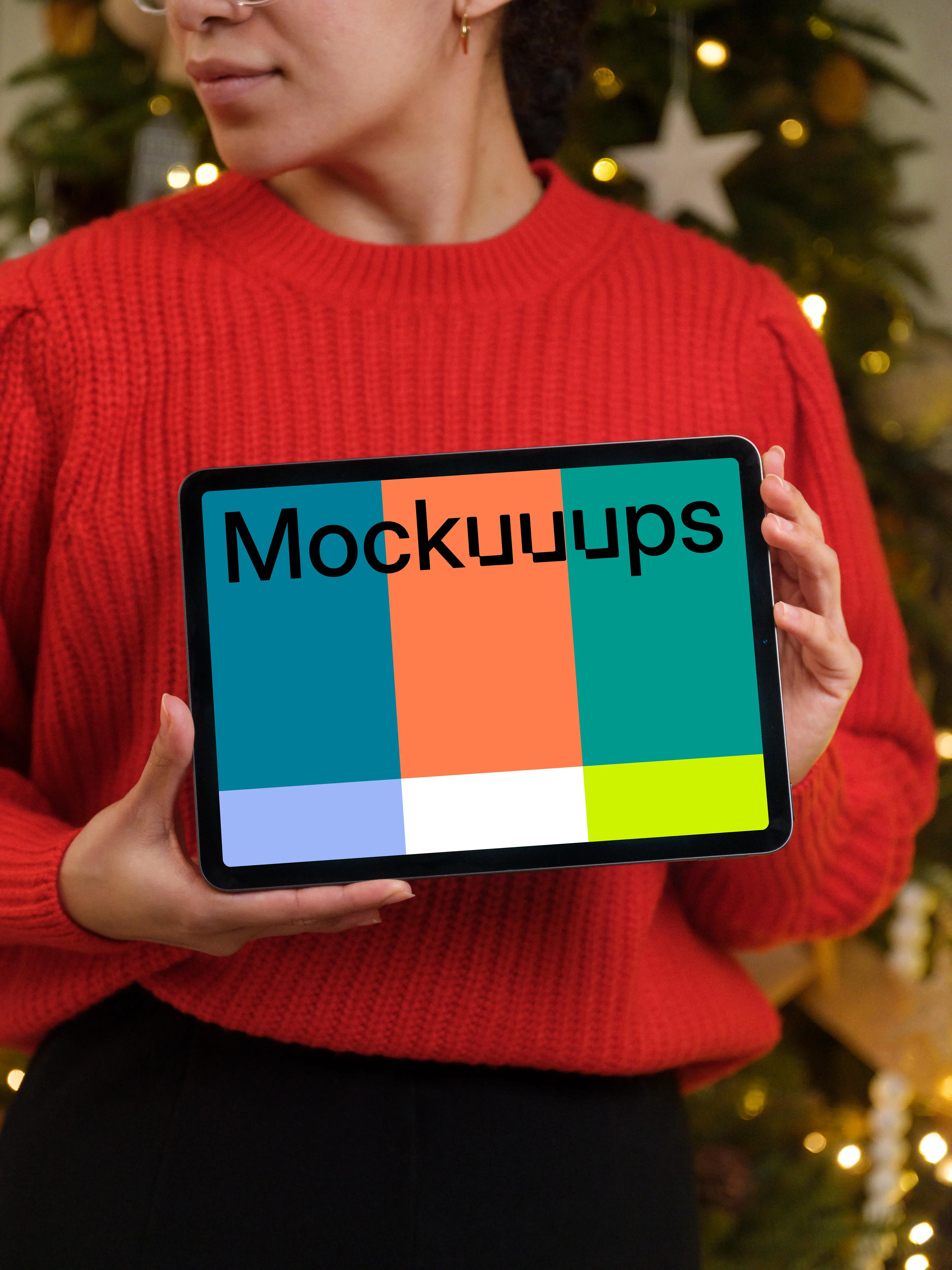 Woman in red sweater holding tablet mockup