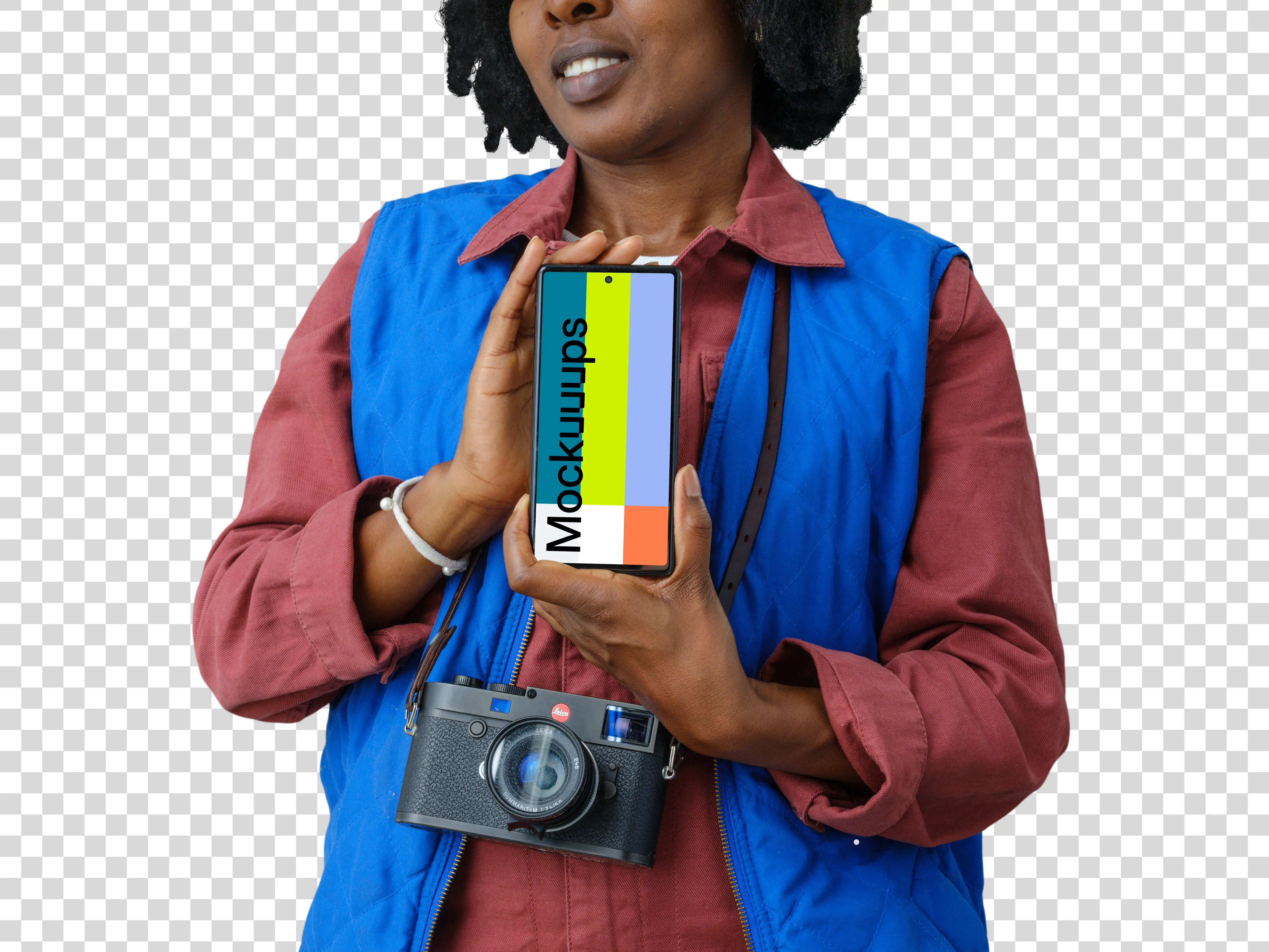 Woman photographer confidently holding a Pixel 6 mockup
