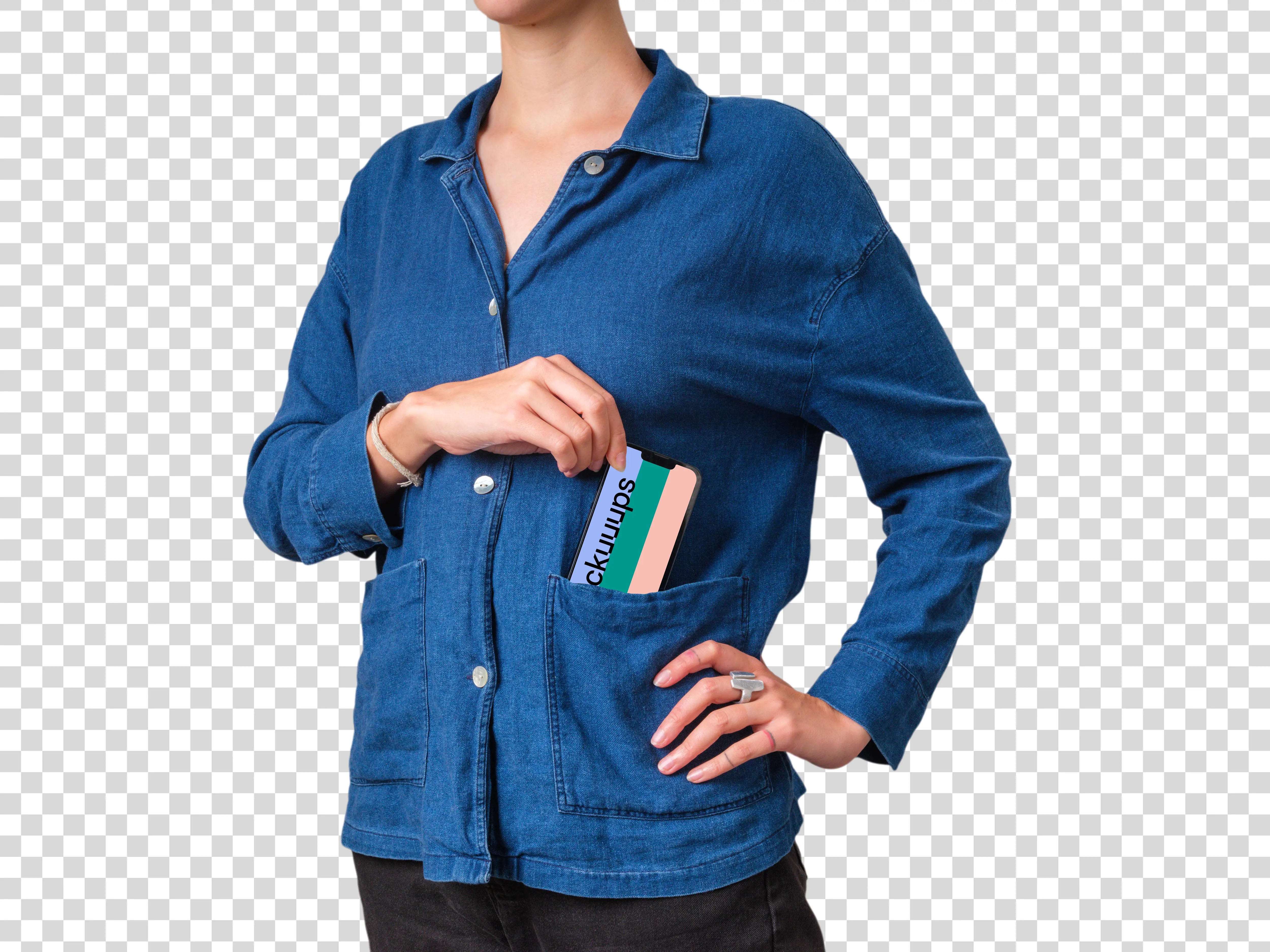 Woman pulling out iPhone from the shirt pocket