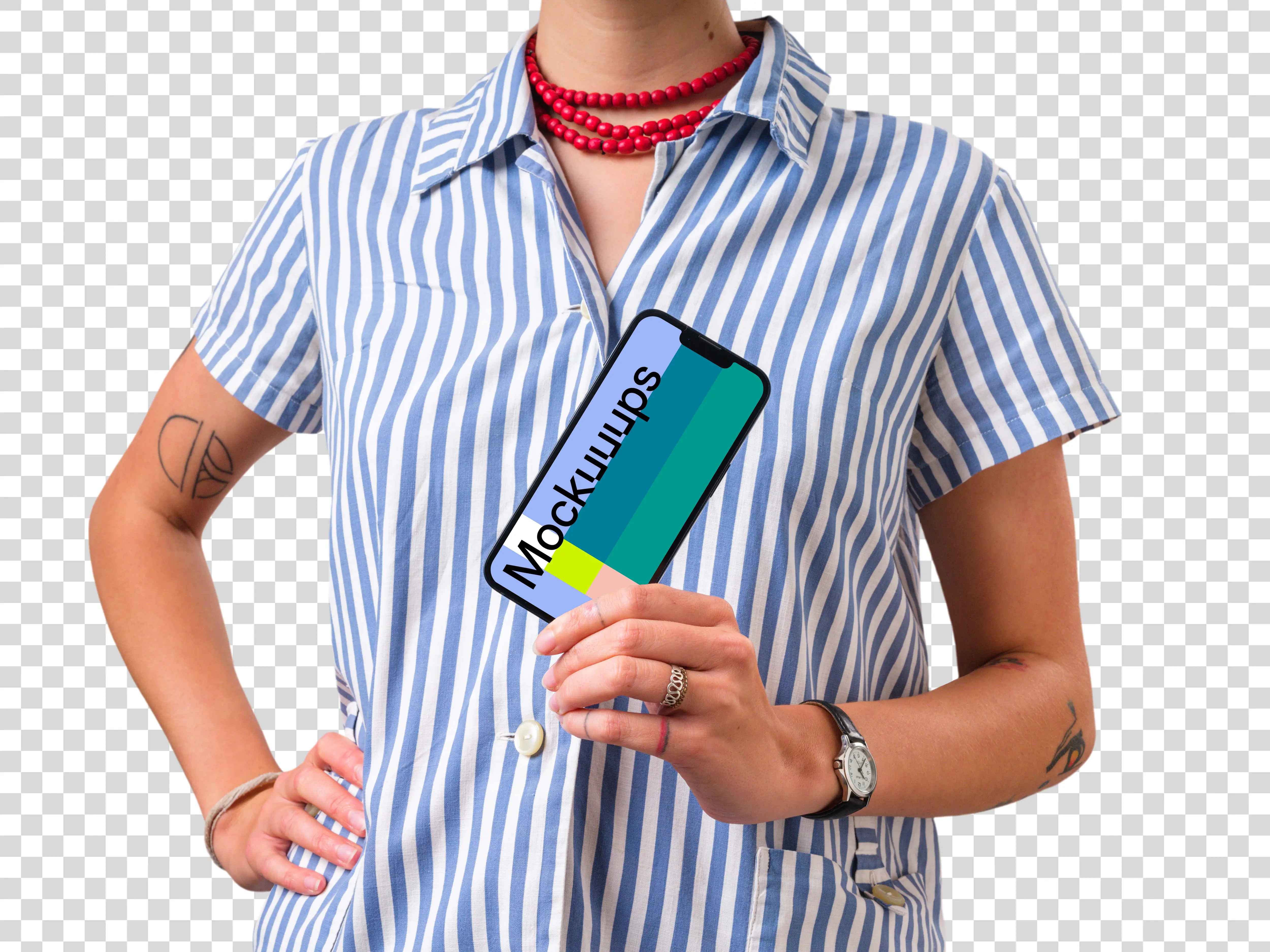 Woman showing the app on the iPhone mockup