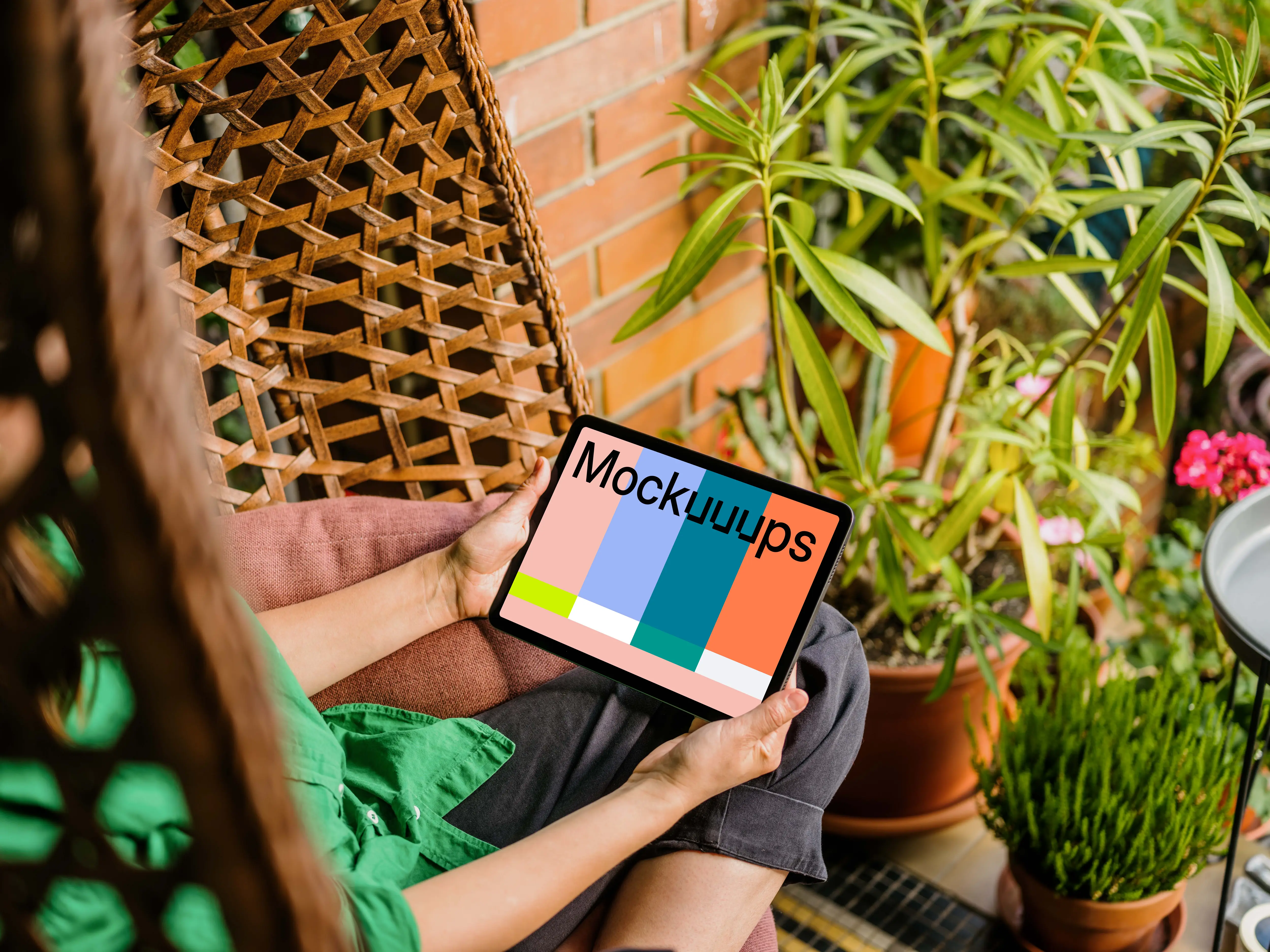 Woman sitting on a hammock while holding an iPad Air mockup