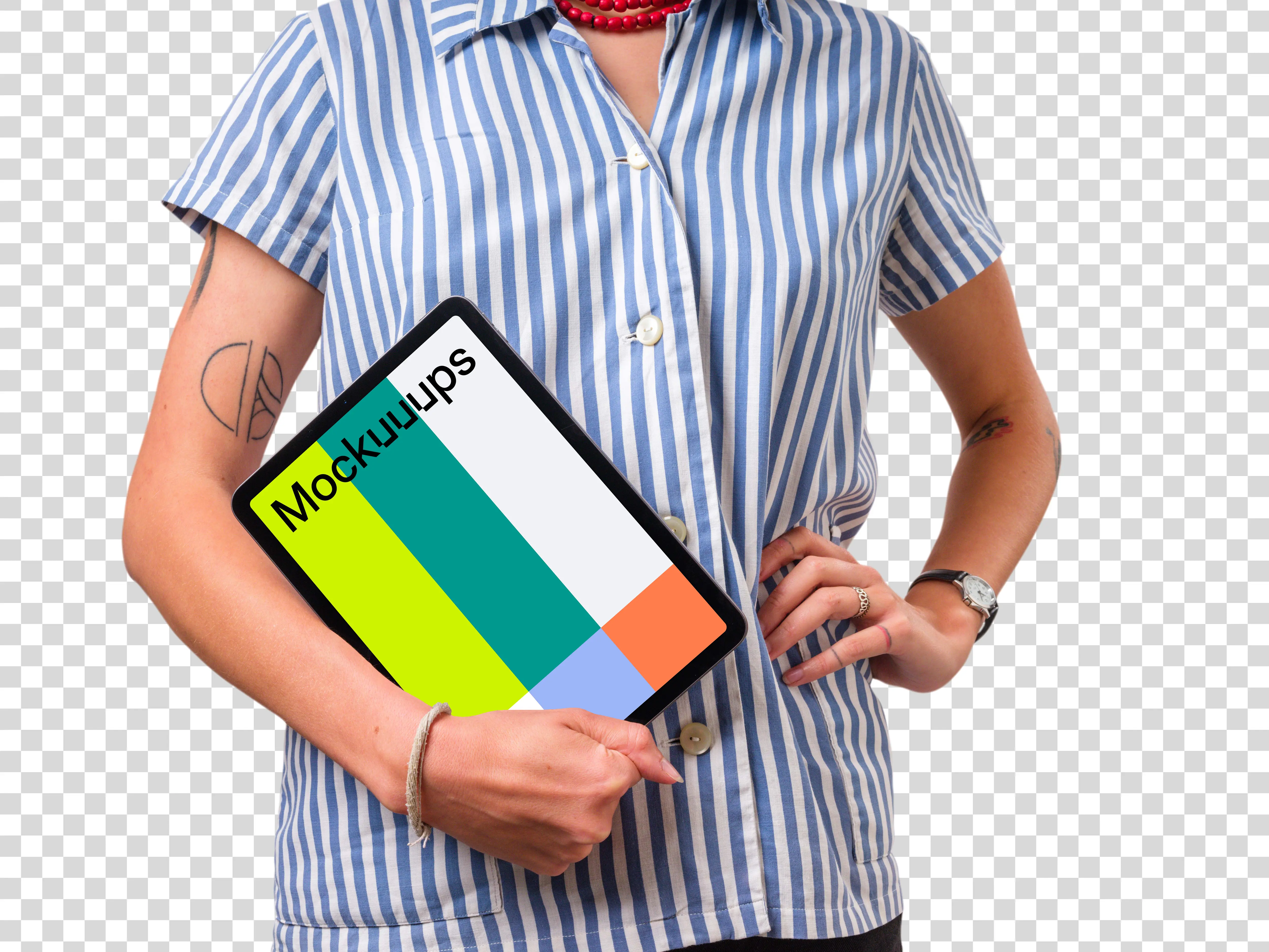 Woman standing and holding iPad mockup