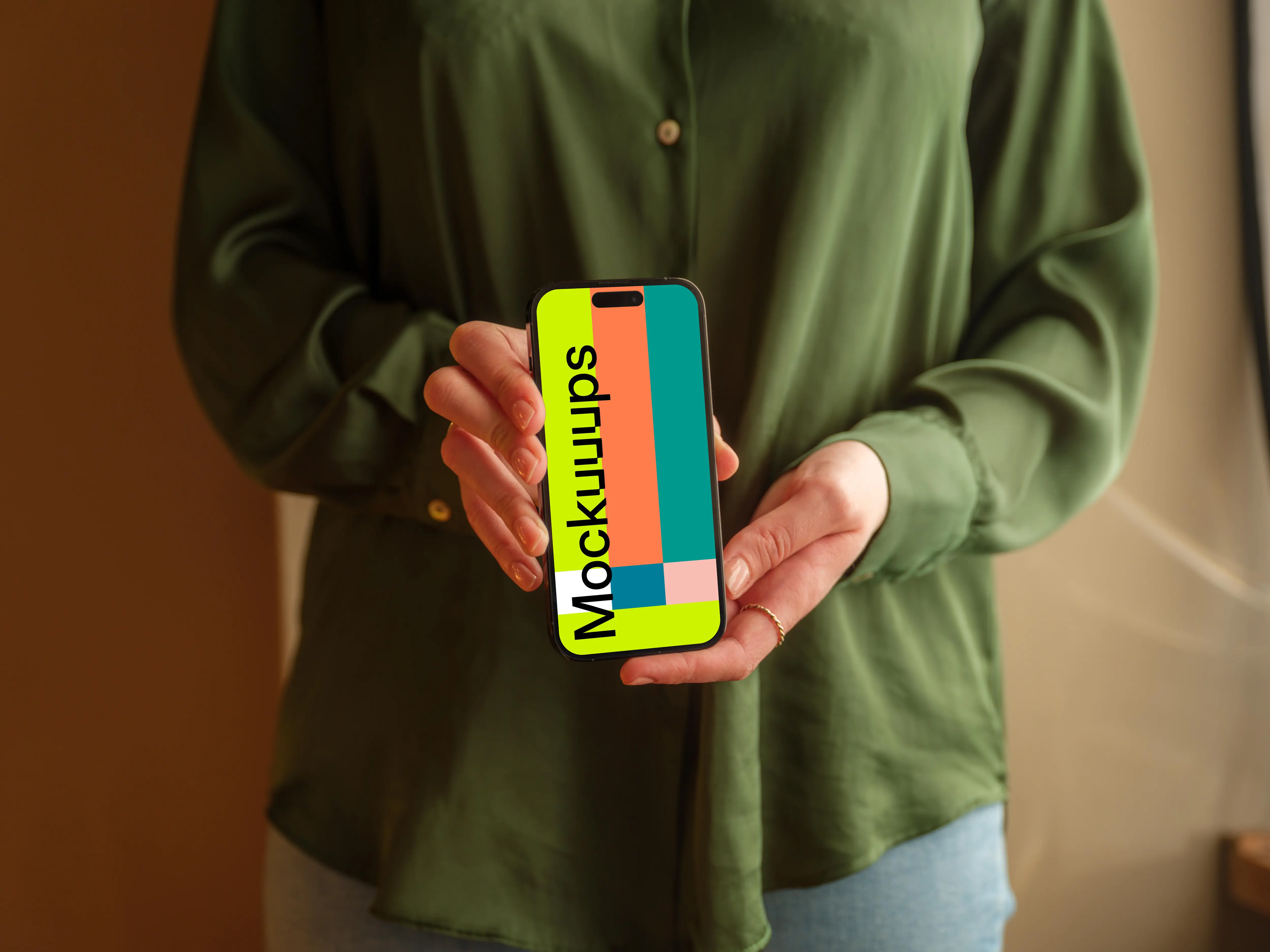 Woman standing and presenting a iPhone mockup