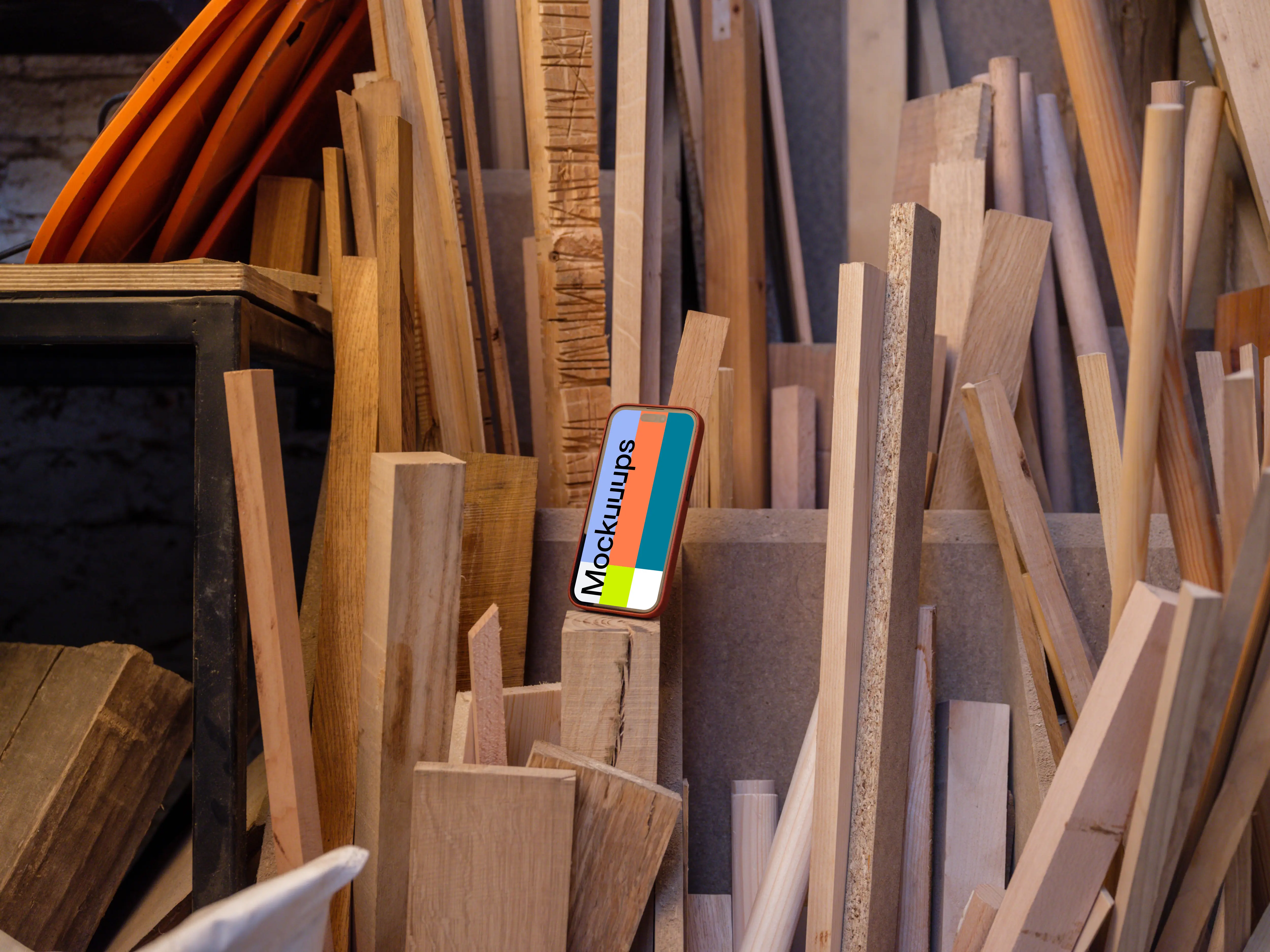 Wooden boards around iPhone mockup