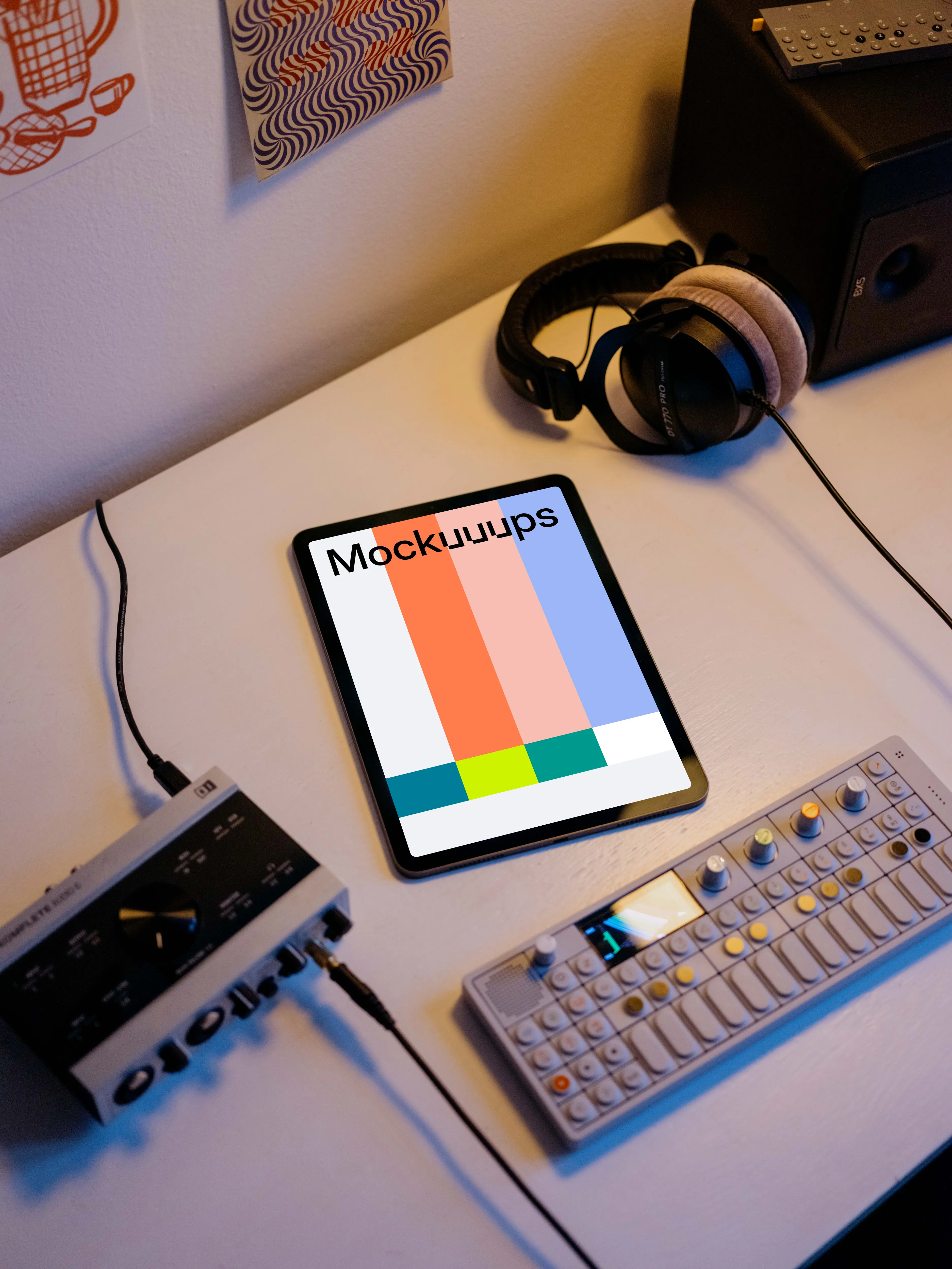 Working on the iPad Air mockup at podcast studio