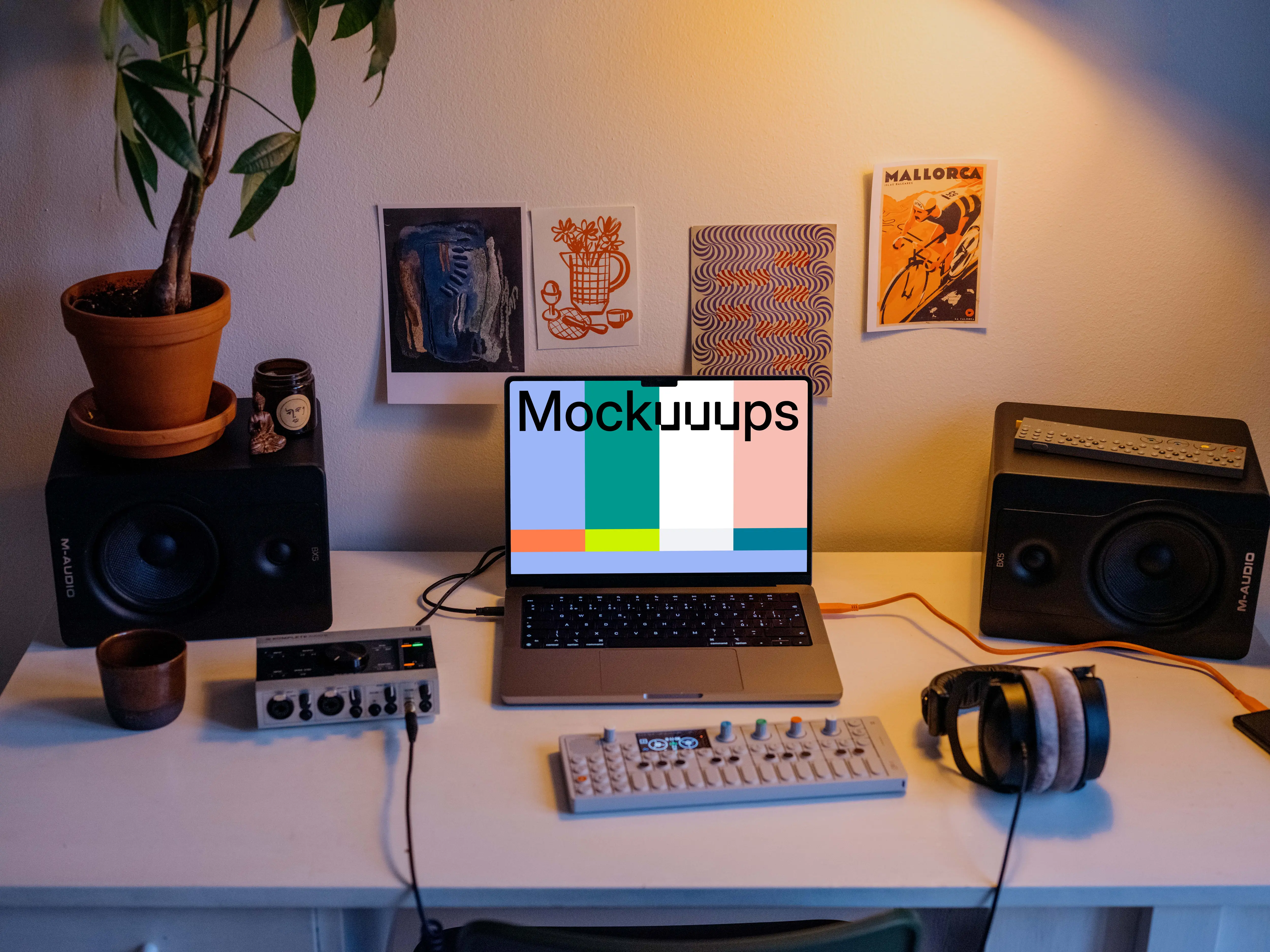 Working on the MacBook Pro at podcast studio