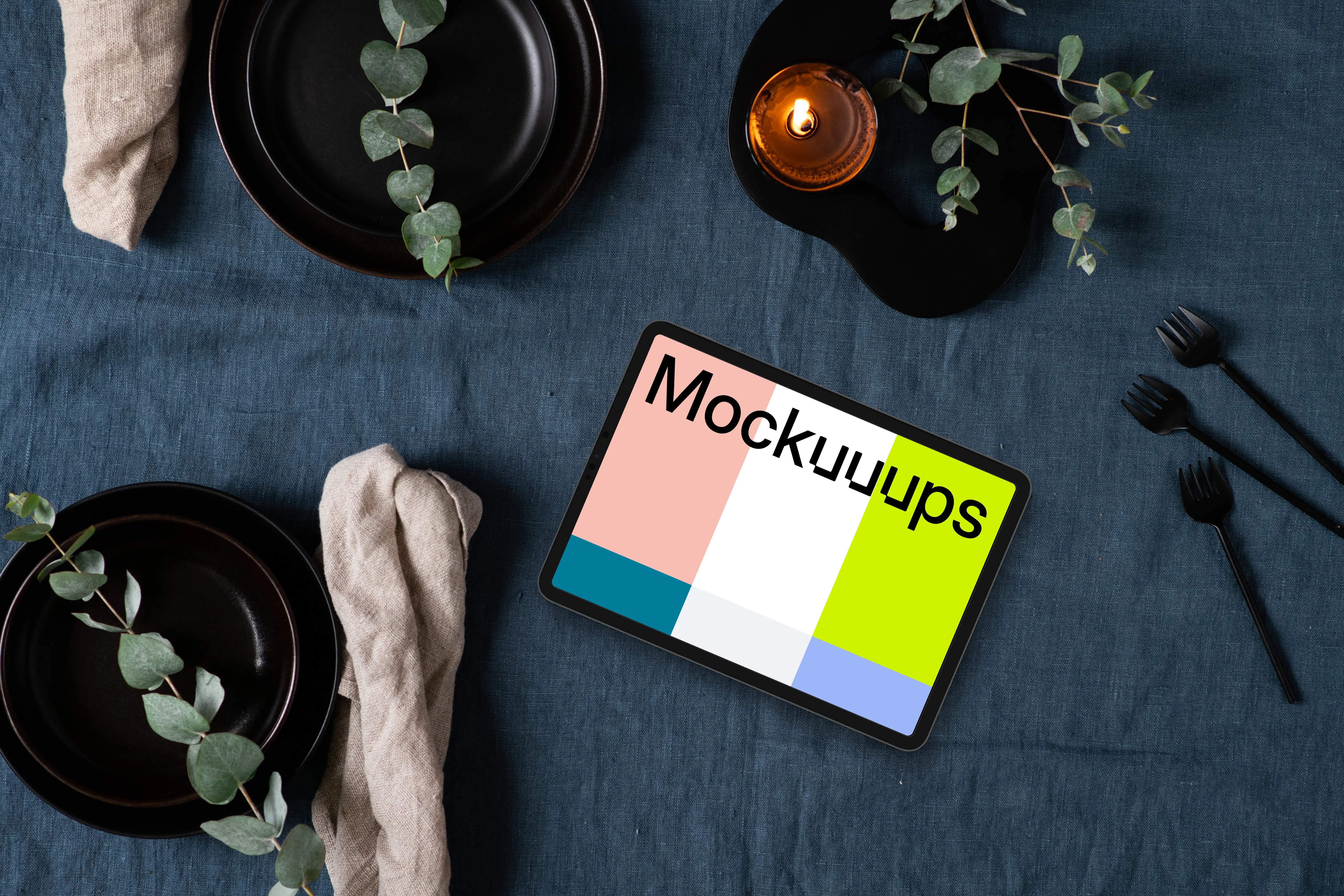 Xmas mockup with a gift and tablet