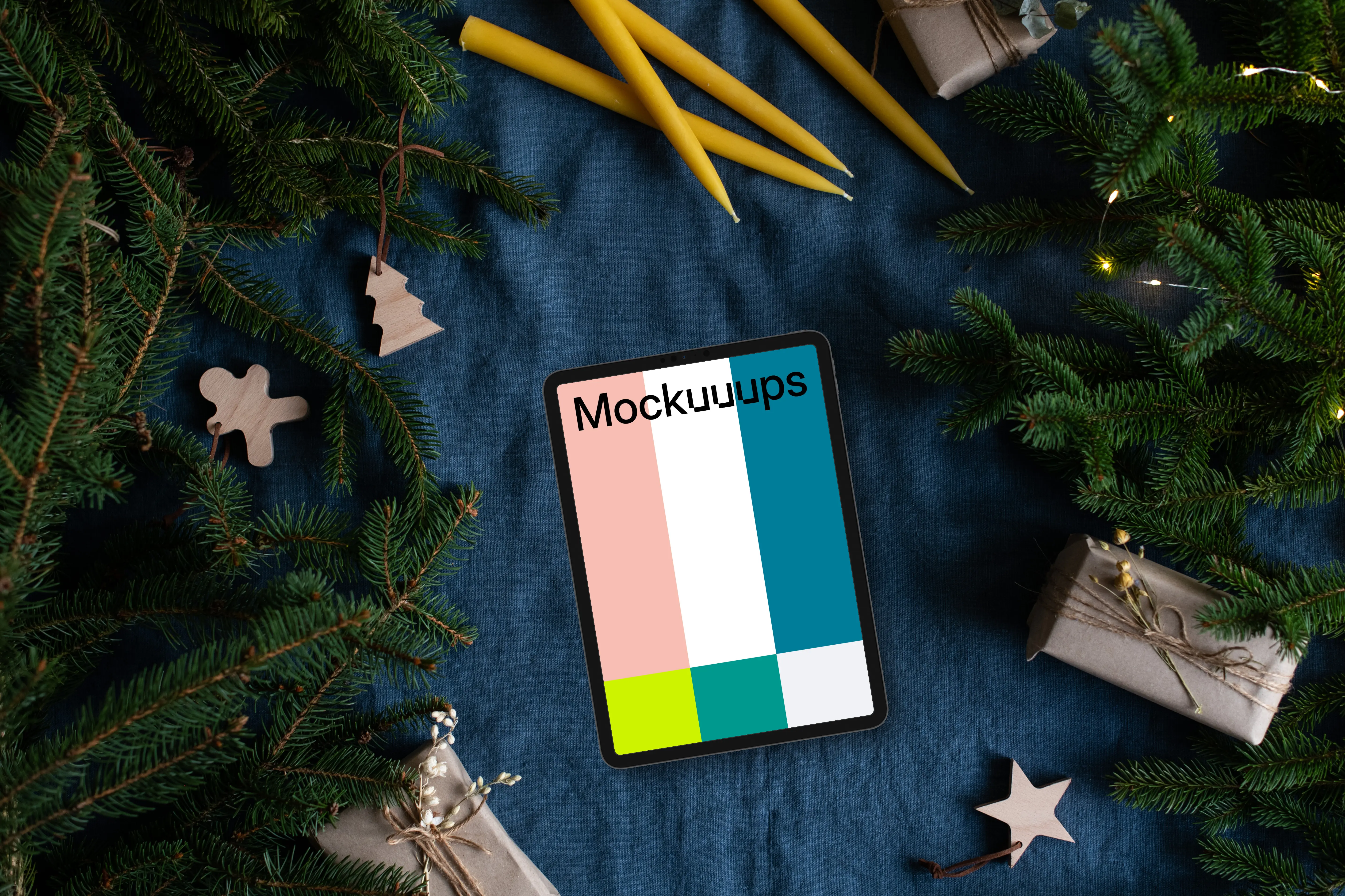 Xmas tablet mockup with a tree on the side
