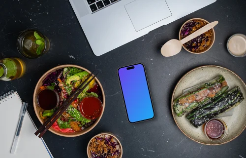 Asian food from delivery with Smartphone mockup