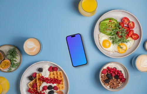 Breakfast meals around Smartphone mockup