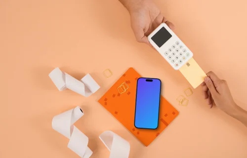 Terminal de pagamento com cartão com um iPhone mockup