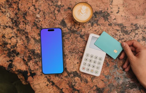 Coffee shop setting with iPhone mockup and contactless payment