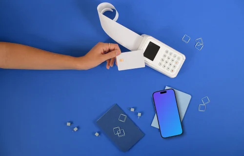 Contactless payment and an iPhone mockup on blue background