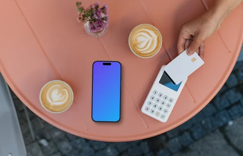 Contactless payment in the coffee shop and an iPhone mockup