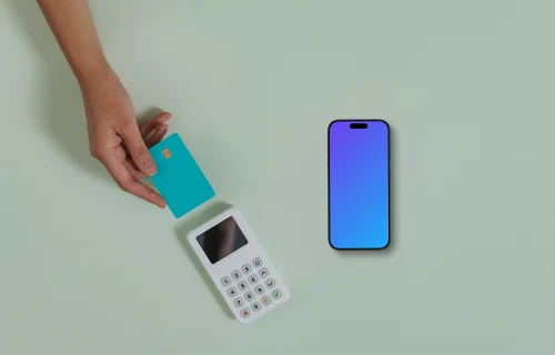 Terminal de cartão de crédito ao lado do iPhone mockup