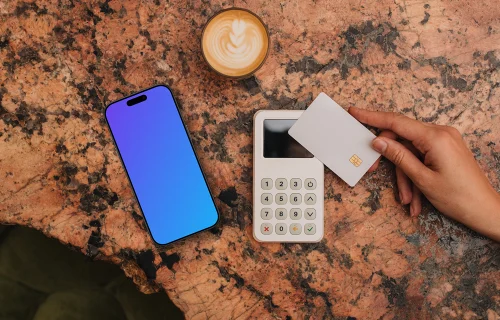 Cup of coffee, payment terminal and an iPhone mockup