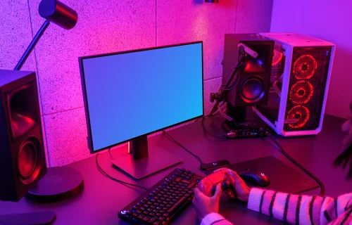 Dell monitor mockup in a vibrant gaming setup