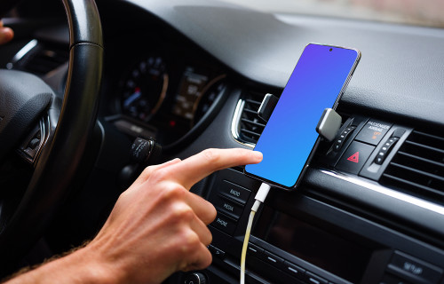 Driver tapping Samsung S20 mockup mounted on car dashboard