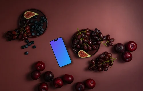 Fruits and phone mockup with Magenta background