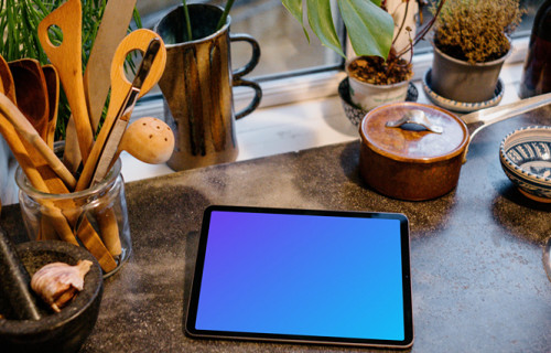 iPad Air mockup in an elevated position on a kitchen table