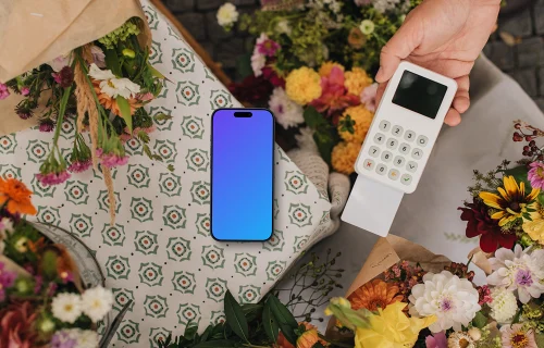 iPhone mockup dans l'ambiance d'un magasin de fleurs