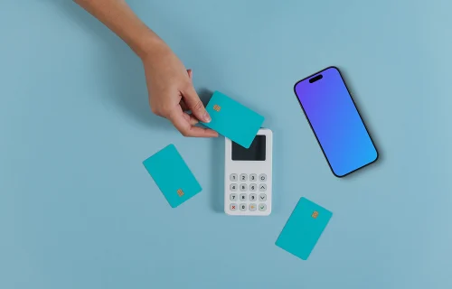 iPhone mockup em um fundo sólido azul ao lado do terminal de pagamento