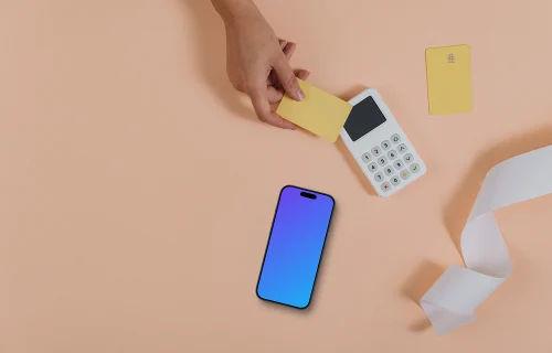 iPhone mockup em fundo laranja com terminal de pagamento