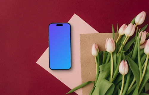 iPhone mockup con tulipanes para el Día de la Madre