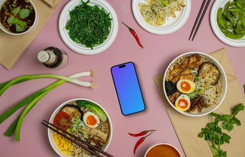 Japanese food around a smartphone mockup
