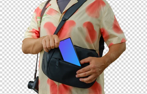 Male traveller and a Google Pixel mockup