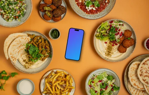 Middle Eastern dishes around Smartphone mockup