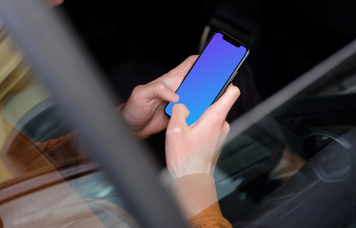 Over the shoulder view of passenger typing on iPhone 11 mockup