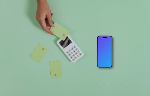 iPhone em estilo verde pastel mockup incluindo terminal de pagamento e cartões de crédito