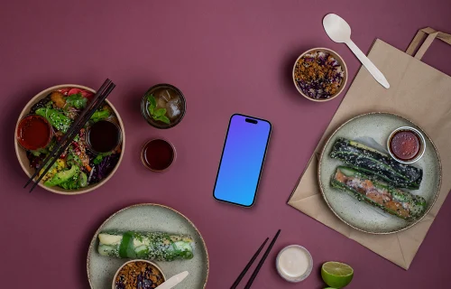 Phone mockup with Asian food