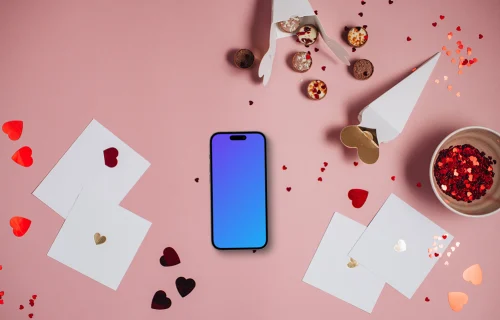 Phone mockup with Valentine’s Day background