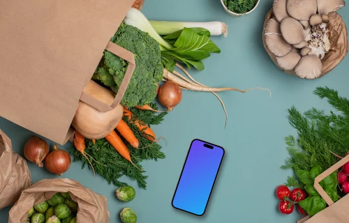 Phone mockup with vegetables