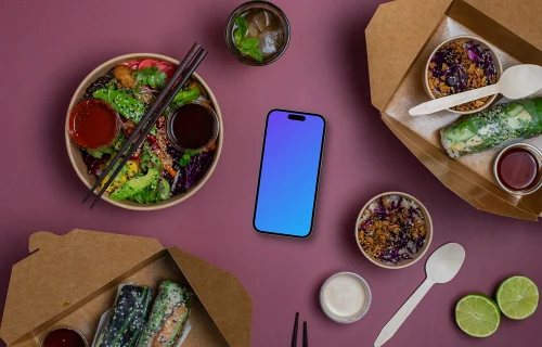 Smartphone mockup surrounded by Asian food