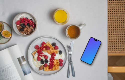 Smartphone mockup avec le petit-déjeuner