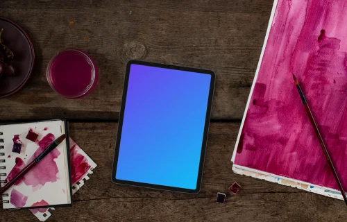 Tablet mockup and Viva Magenta watercolor painting