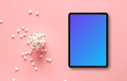 Tablet mockup on pink background with marshmallows