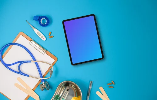 Tablet mockup with medical essentials